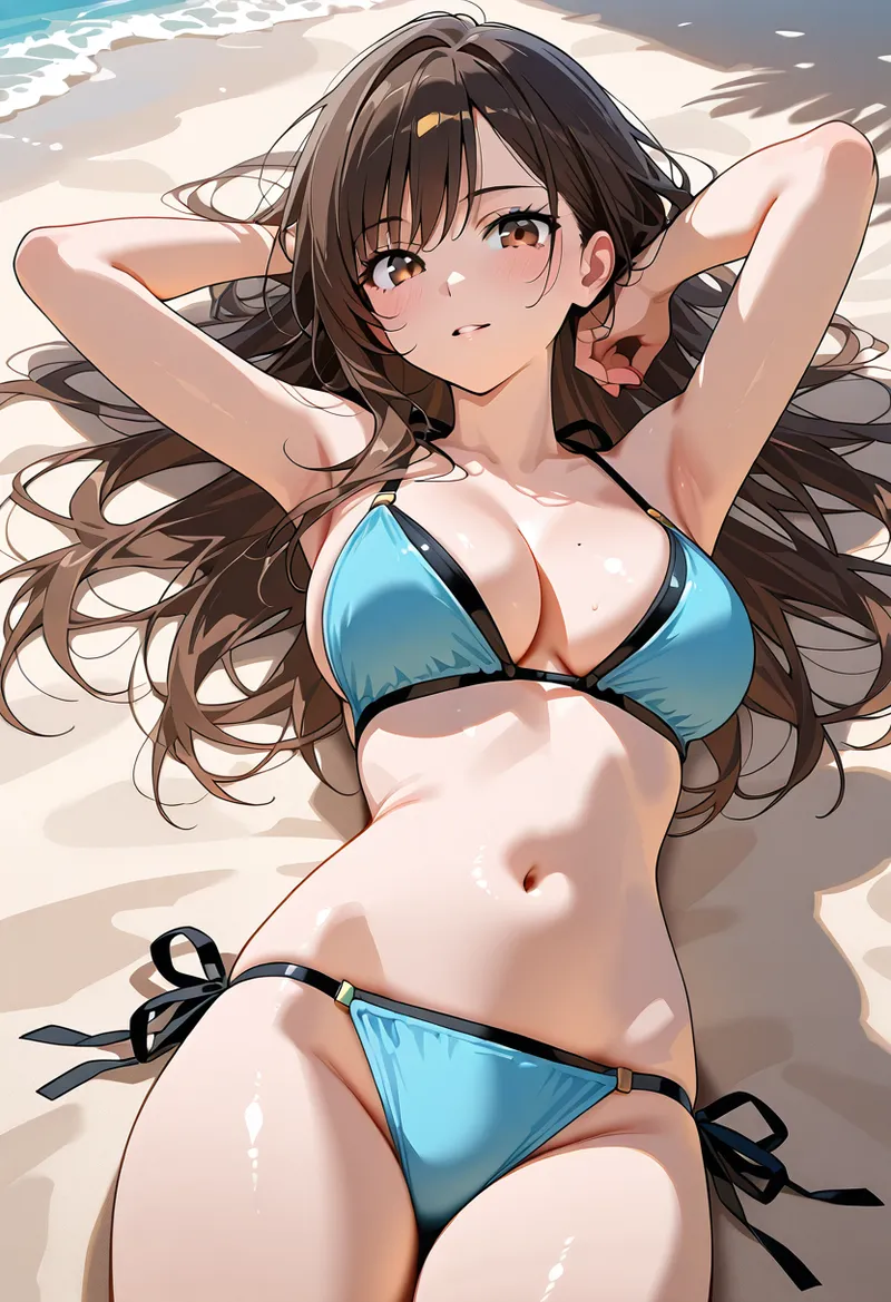 砂浜を背景に、青いビキニ姿でリラックスした表情を浮かべる褐髪の美少女イラストです。柔らかな光に包まれた夏のビーチシーンを、アニメ調の優美な描写で表現しています。