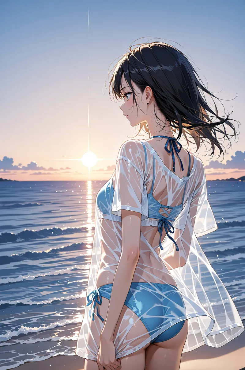 金色に輝く夕日が照らす海辺で、白いシャツを羽織った黒髪の少女が後ろ姿で立っています。波打つ海と空の清涼感あふれるアニメ調イラスト。