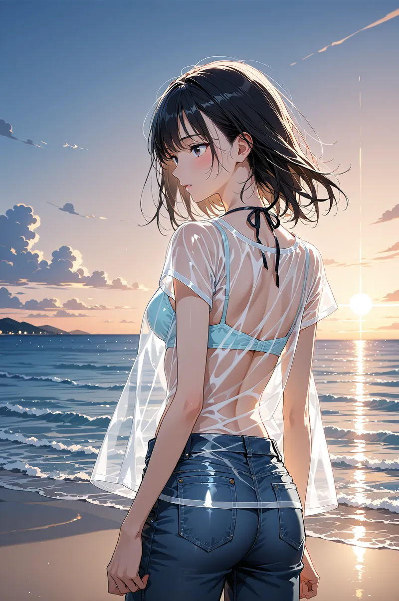 黒髪ショートの美少女がビーチに佇む夕焼けシーン。白いオーバーサイズシャツとデニムのカジュアルなスタイルで、穏やかな表情で海に向かっています。金色に染まる海と空のグラデーション背景が印象的です。