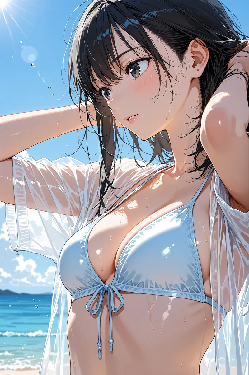爽やかな青空と輝く海を背景に、黒髪をなびかせながら微笑む女性のアニメ調イラスト。白いシャツ羽織りと水色の水着で夏らしく仕上げられた一枚です。