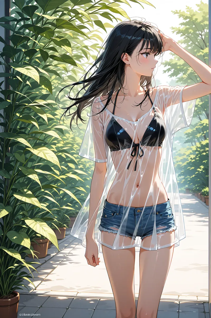 観葉植物に囲まれた室内で、長く流れる黒髪が日光に優しく揺らぐ美少女のポートレート。透光感のある白いシャツとデニムショートパンツで爽やかに決めた、夏のファッション撮影シーンです。
