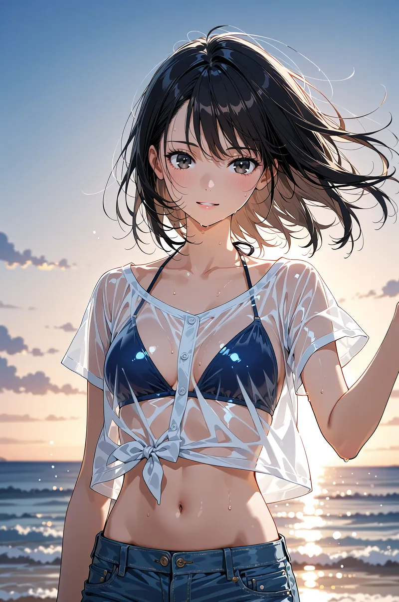 透明感のある白いシャツを羽織った黒髪の美少女が、夕焼けの海を背景にほほえんでいます。風になびく髪と光の粒子が、爽やかで穏やかな雰囲気を演出する優美なアニメ調イラストです。