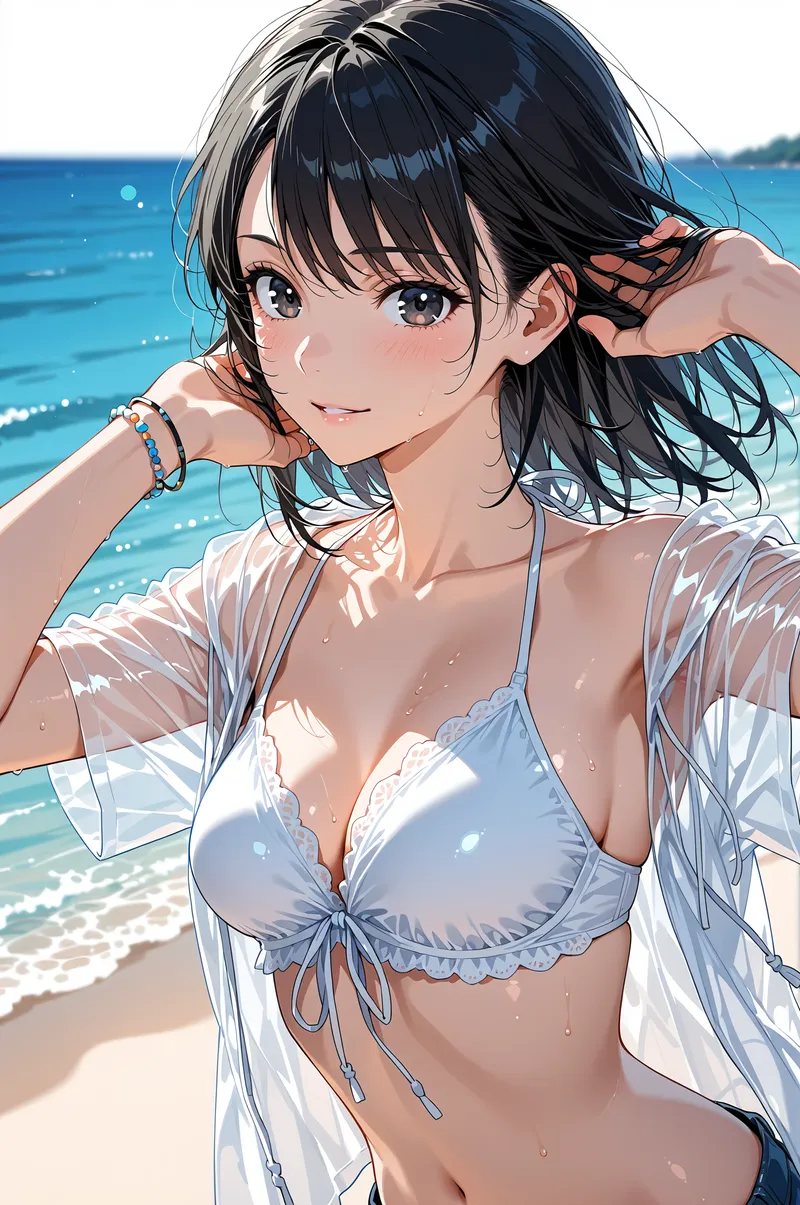 青い海を背景に、白いシャツを羽織った黒髪の少女が爽やかな笑顔を見せるアニメ調イラスト。光と影が織りなす明るい雰囲気の、夏らしい一枚です。