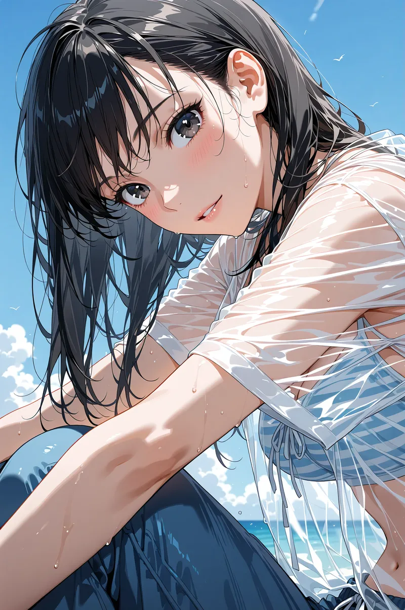 清涼感あふれる青空を背景に、黒髪を流した美少女が屋外で微笑むアニメ調ポートレート。透明感のある白いシャツをまとい、爽やかな表情で こちらを見つめています。