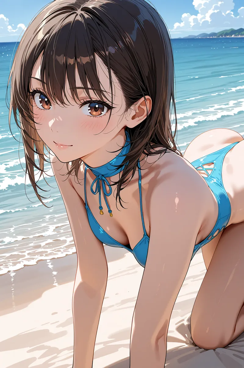 青い海と白い砂浜を背景に、茶色い瞳が優しく輝く黒髪の少女が柔らかい笑顔で微笑んでいます。青色の水着姿で、自然な表情と爽やかな夏の景色が調和したアニメ調のポートレート作品です。