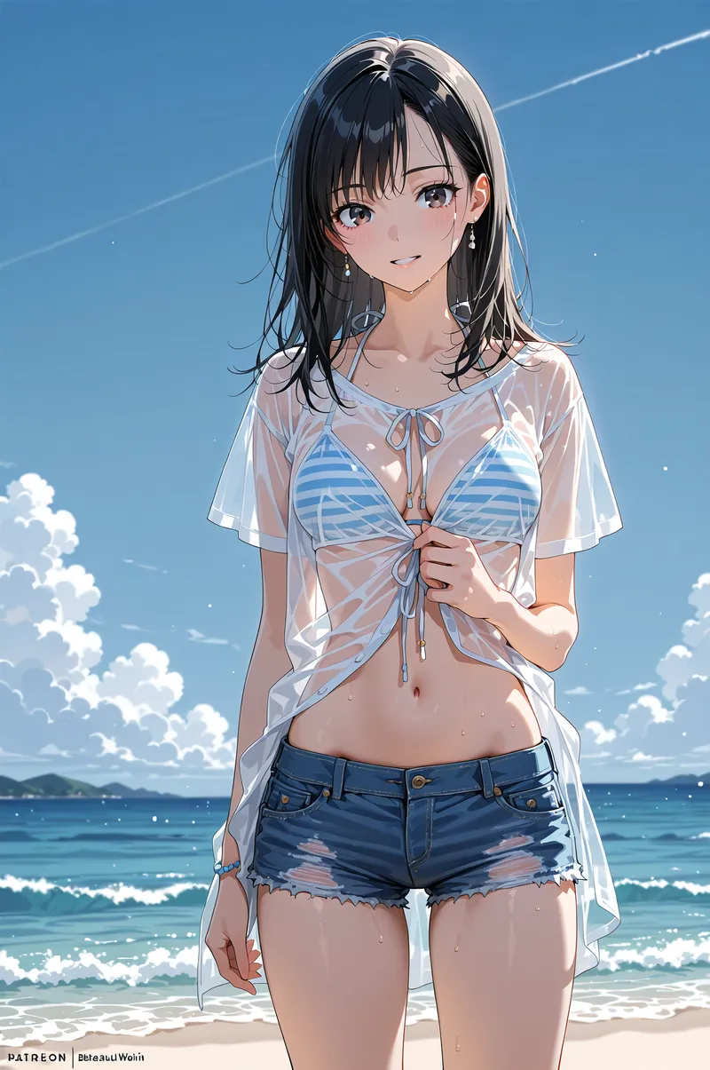 黒髪セミロングの少女が、透明感のある白いシャツと紺のショートパンツで海辺に佇んでいます。青い空と波打つ海を背景に、清涼感あふれる夏の一瞬が表現された印象的なアニメ調イラストです。