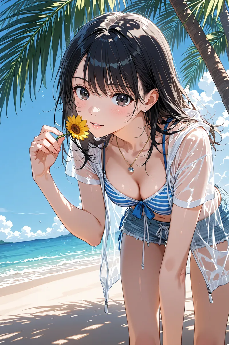 青い海と椰子の木に囲まれたトロピカルビーチで、黒髪をなびかせながら向日葵を持つ少女のアニメ調ポートレート。爽やかな笑顔と澄んだ瞳が夏の輝きを感じさせます。