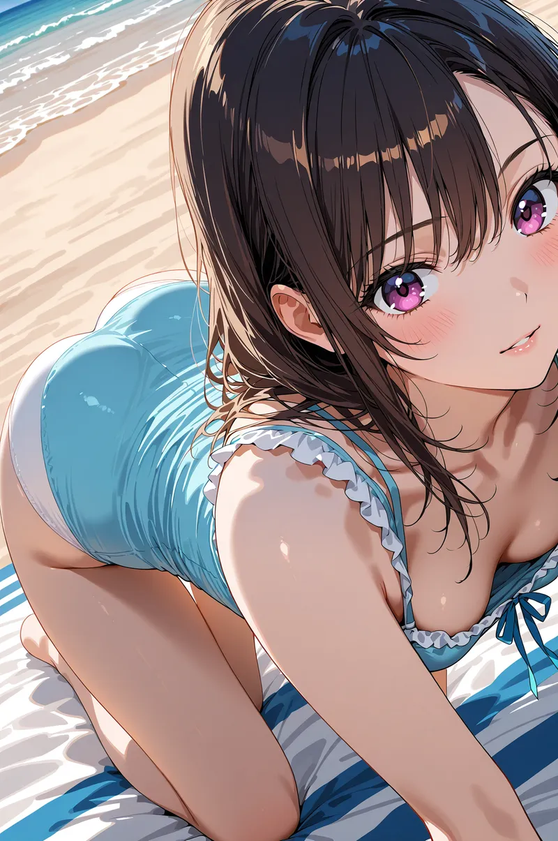 紫色の瞳が印象的なショートヘアの美少女が、海辺でブルーの水着姿で微笑む姿を描いたアニメ調イラスト。光溢れるビーチの背景に、明るく柔らかい色調でキャラクターの表情と雰囲気を生き生きと表現しています。