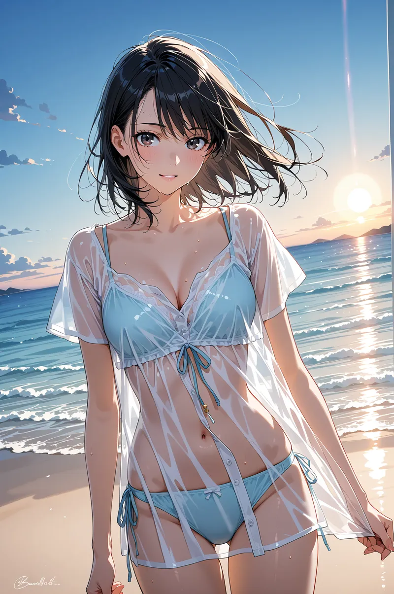 青く穏やかな海を背景に、夕日に照らされた砂浜に立つ美少女のアニメ調ポートレート。黒髪のセミロングヘアが風になびき、爽やかな表情が印象的です。
