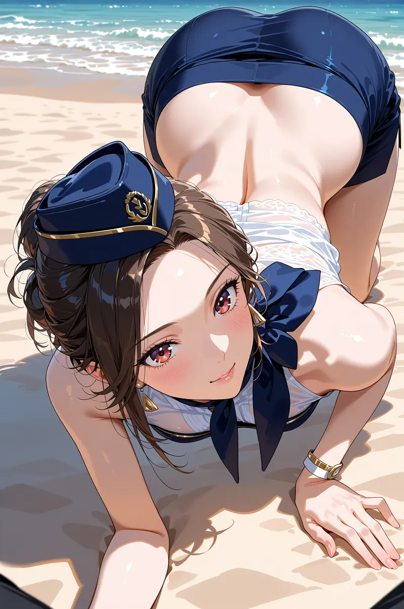 きらめく海を背景に、白い砂浜で寛ぐ美少女のポートレート。紺色の帽子とリボンで統一された夏のコーディネートが印象的で、明るい表情と日差しの中での優雅な姿勢が爽やかな浜辺の一時を切り取っています。