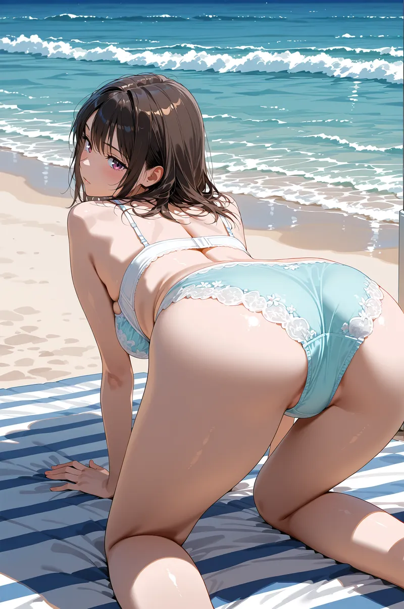 白い砂浜と透明感のある海を背景に、黒髪の美少女がビキニ姿でくつろぐ夏のアニメ調イラストです。爽やかなターコイズブルーの色調で描かれた、開放的で優雅な海岸シーン。