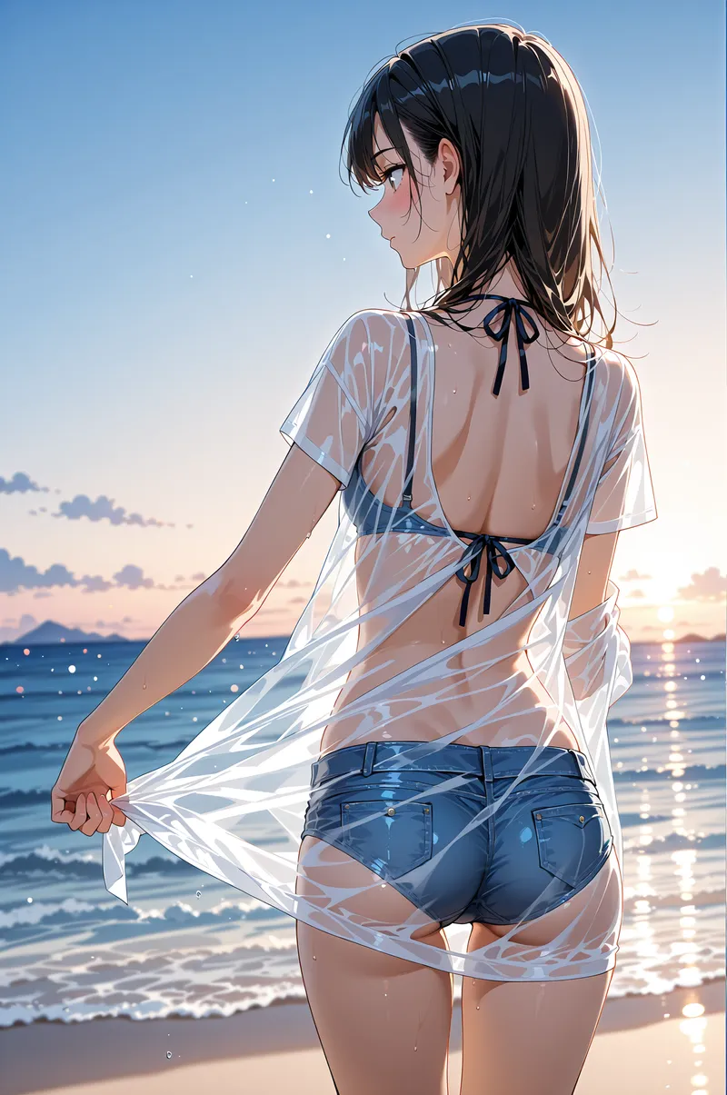 透光的なシャツを羽織った黒髪の少女が、夕焼けに染まった海を背に振り返る瞬間を捉えたアニメ調イラストです。光の反射が輝く水面と、静寂に満ちた海辺の情景が清涼感に満ちています。