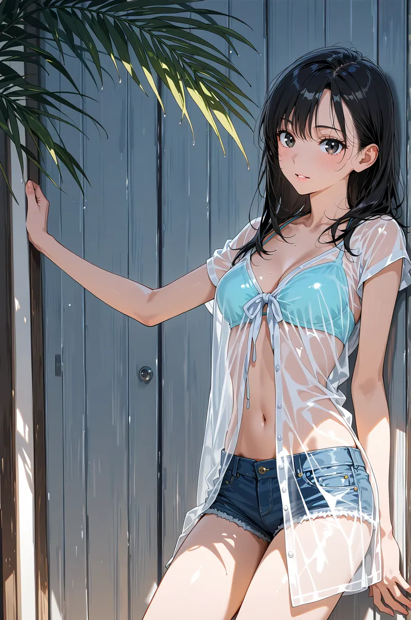 黒髪に淡いターコイズブルーのトップスを合わせた美少女が、グレーの壁と緑の植物を背景に柔らかな笑顔を見せるアニメ調イラストです。爽やかな色彩と光の表現が印象的な一枚。
