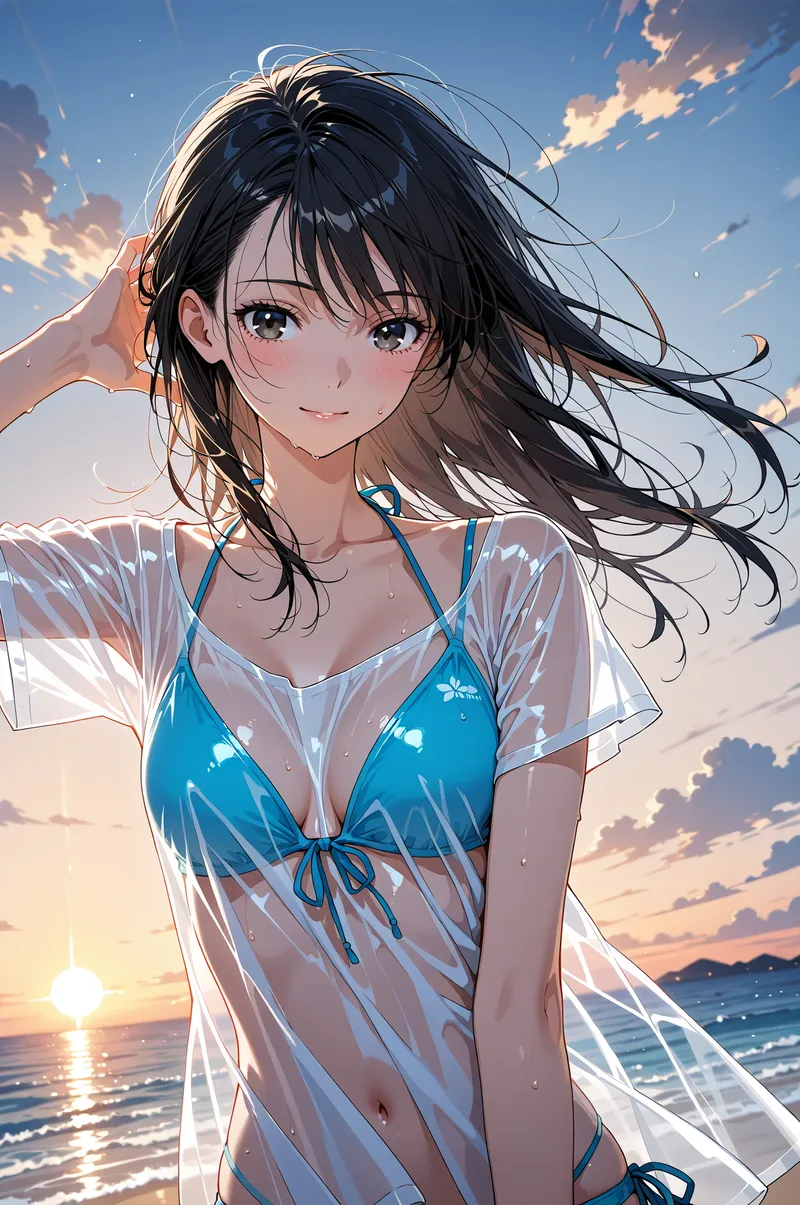 黒髪ロングの少女が夕焼けに染まるビーチで微笑む。青いビキニに透け感のあるシアーシャツを羽織り、優雅に髪がなびく。夕日と波のきらめきが優しく彩る、爽やかなアニメ調イラストです。