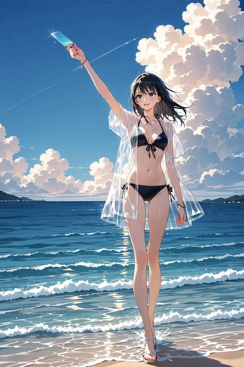 青い空と白い雲が広がるビーチで、黒いビキニと透け感のあるシャツを合わせた美少女が、光を反射させるスマートフォンを掲げています。爽やかな表情と波打つ海の風景が夏の開放感を表現した一枚です。