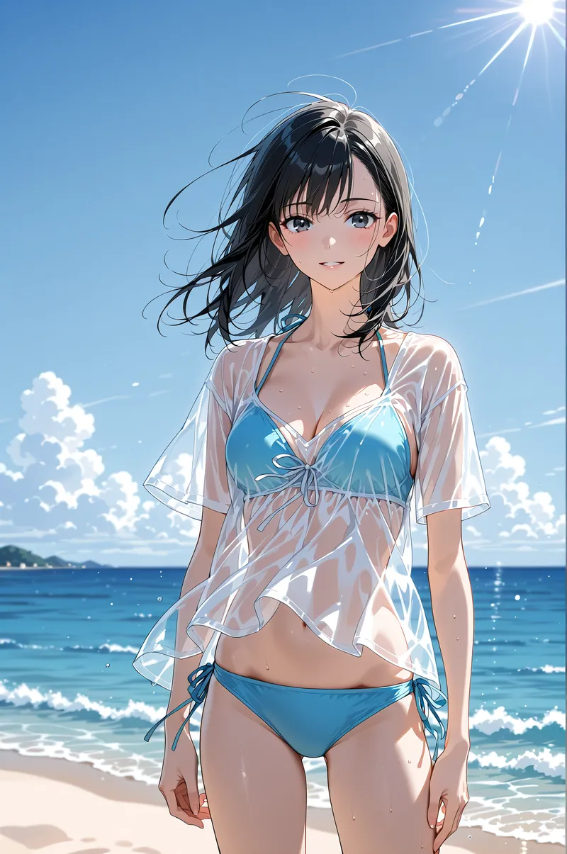 透き通った青空と波立つ海を背景に、黒髪がなびく女性が涼しげに立つ夏のビーチシーン。白いシャツと青いビキニの爽やかなコーディネートが、晴天の光に映えるアニメ調イラストです。