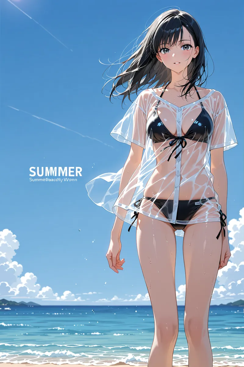 青い空と海を背景に、透け感のある白いシャツを羽織った黒髪の少女が爽やかに立っています。浜辺の波音が聞こえるような、夏の日差しが心地よいアニメ調イラストです。