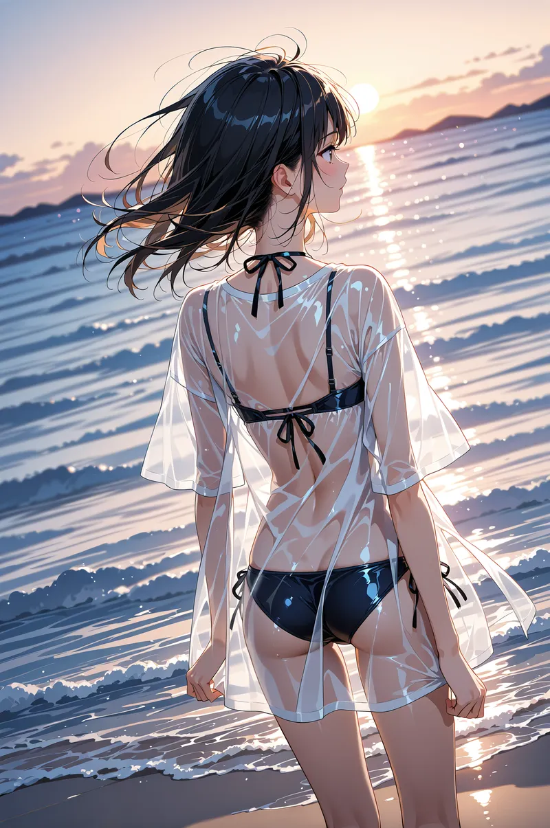 夕日に照らされた海辺で、黒髪をなびかせる少女が静かに佇む情景です。透光性のある白いシャツと紺色のビキニで、柔らかな夕焼け色と波音に包まれたアニメ調イラストです。