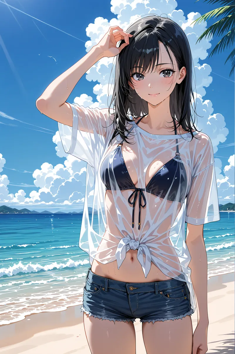 青い空と白い雲が映える海辺で、黒髪の美少女が透け感のある白いシャツを羽織り、さわやかな笑顔で髪に手を添えています。波打つ海と砂浜を背景にした、夏の開放的な雰囲気が印象的なアニメ調イラストです。
