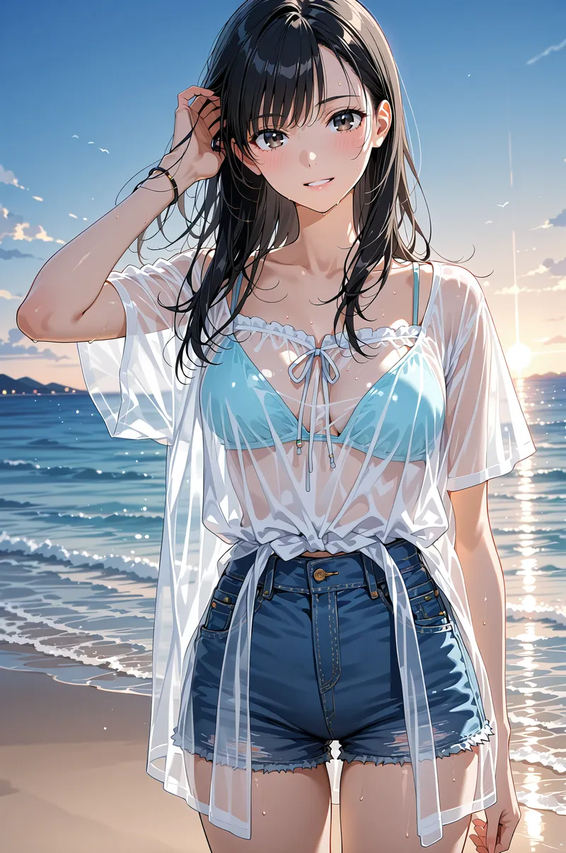 透明感のある白いシャツと青いデニムショーツで、夕焼けに染まる海辺に佇む黒髪ロングヘアの美少女。爽やかな表情で髪をかき上げる仕草が印象的で、きらめく波と空の青が優しく映り込む風景です。