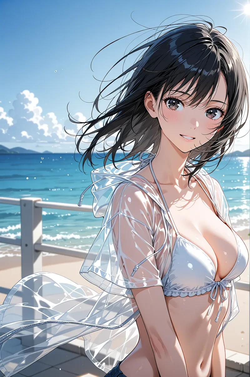 透き通った青空と波打つ海を背景に、黒髪がなびく美少女が爽やかに微笑むアニメ調イラストです。白いシャツを羽織った夏らしい装いで、海風に揺れる髪と清潔感あふれる表情が印象的。