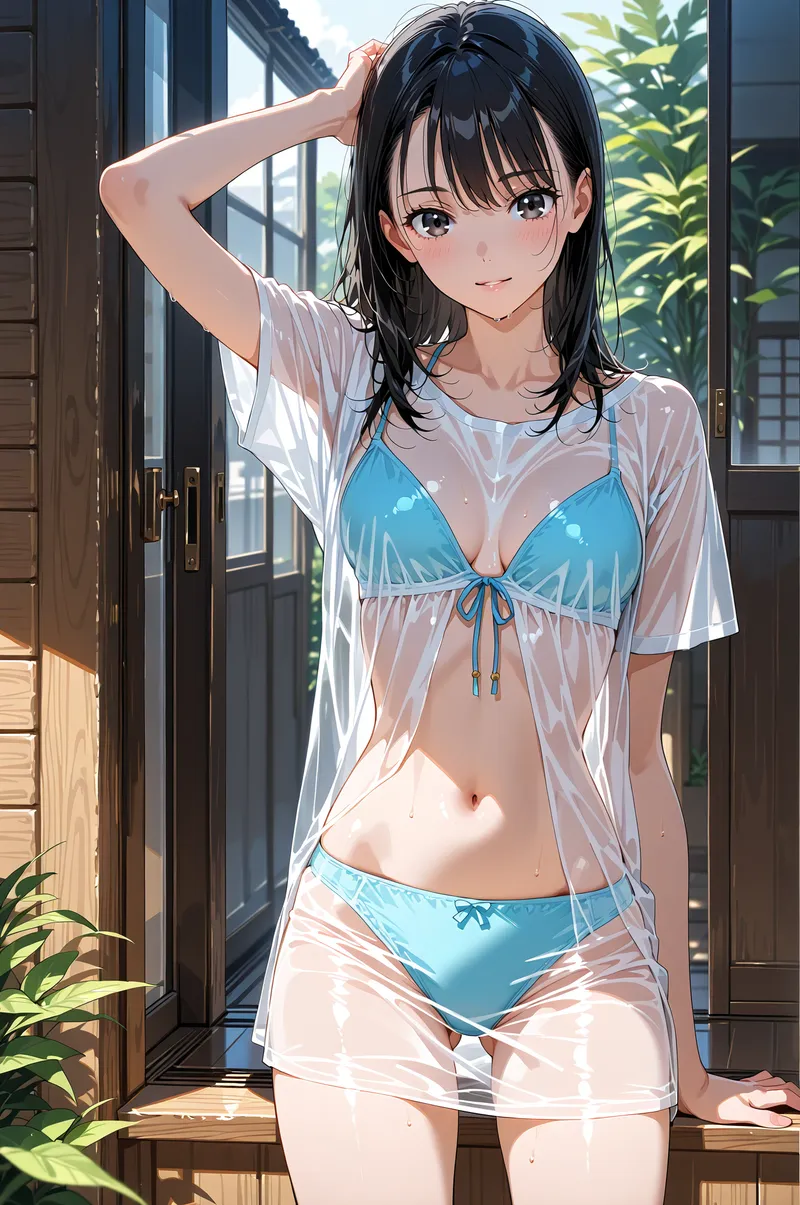 黒髪をかき上げた自然な仕草が魅力的な美少女のアニメ調イラストです。青系の爽やかなリゾートファッションと白いシャツの透け感が夏らしく、明るい窓辺と緑の植物に囲まれた開放的な空間で、柔らかい微笑みを浮かべています。