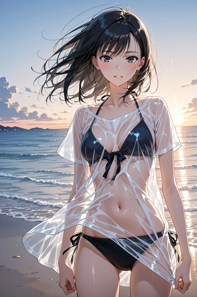 黒髪が風になびく優しい表情の美少女が、夕日に染まる海辺で佇んでいます。白いシャツの透け感と黒の水着が対照的で、黄金色に輝く砂浜と雲が美しい夕景です。
