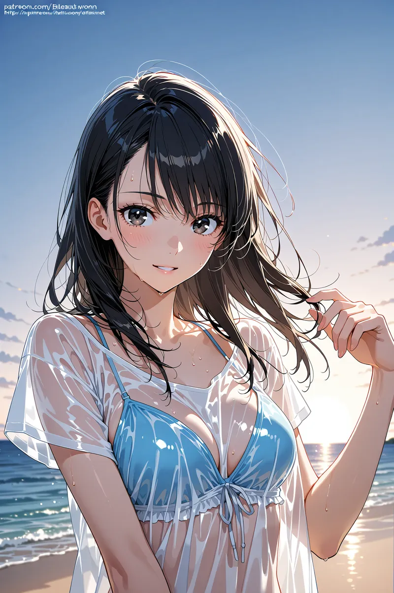 青い空と海を背景に、白いシアーシャツを羽織った黒髪ロングの少女が柔らかく微笑んでいます。夕焼けの光に包まれた爽やかなビーチシーンの美しいアニメ調イラストです。