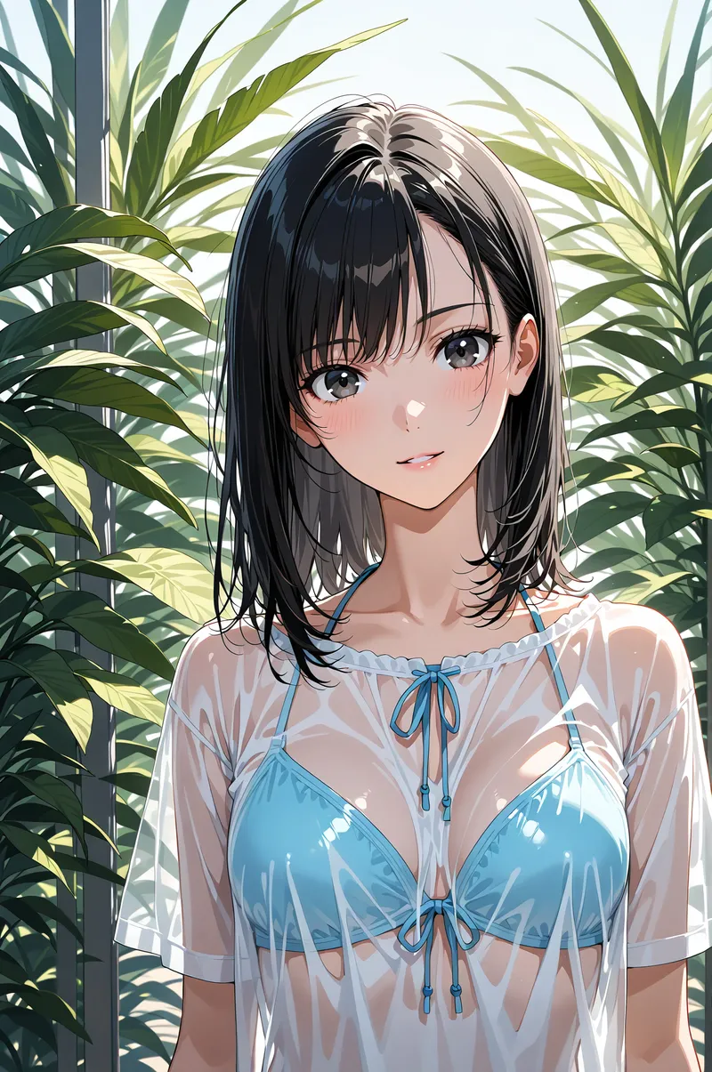 黒髪のセミロングヘアと透明感のある瞳が印象的な美少女が、青と白のトップスで観葉植物に囲まれた空間に佇んでいます。柔らかな光と緑の背景が清楚な雰囲気を引き出したアニメ調イラストです。