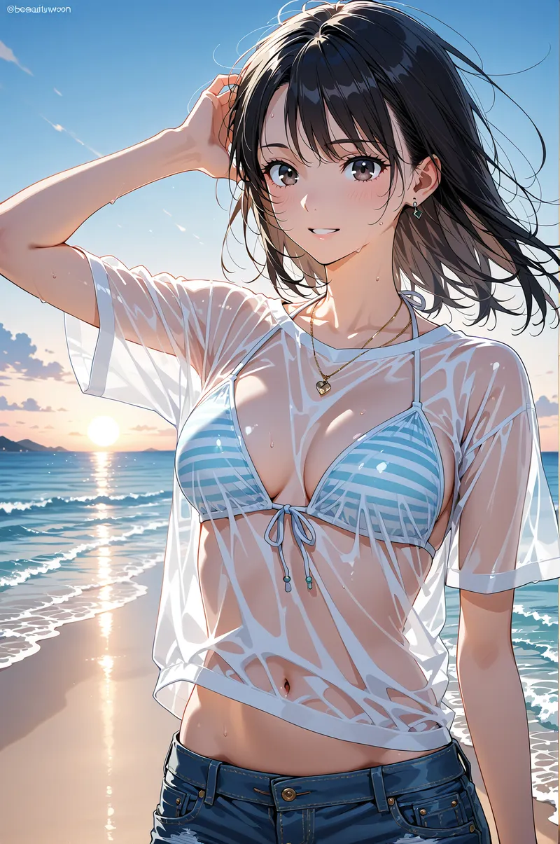 青い海と夕焼けを背景に、黒髪ロングの少女が穏やかな笑顔を浮かべています。白いシアーシャツから見える青のボーダー柄ビキニトップ、紺色のジーンズで夏らしくまとめた爽やかなアニメ調イラストです。