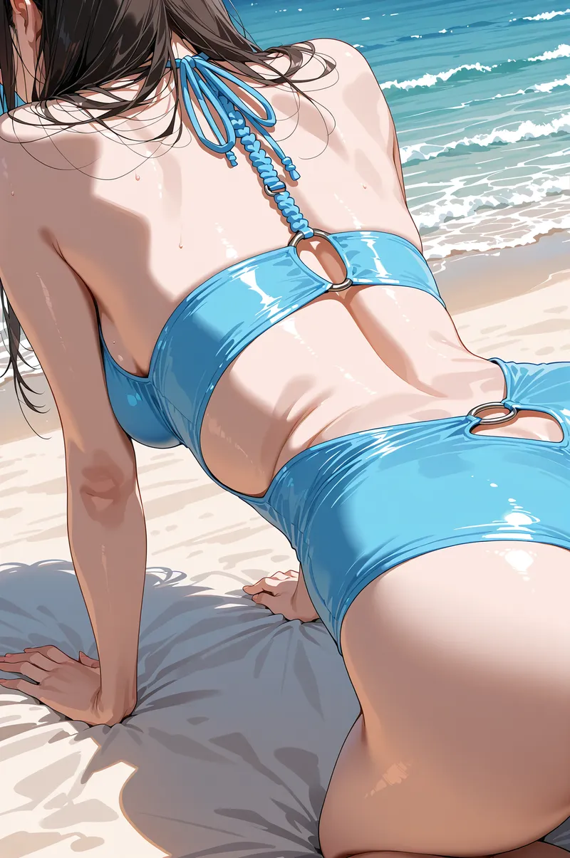 波打つ海を背景に、鮮やかな青の水着姿で砂浜に座る少女のイラスト。長く流れる黒髪と青いひもアクセサリーが印象的で、夏のリ�ゾート気分溢れる爽やかな構図です。