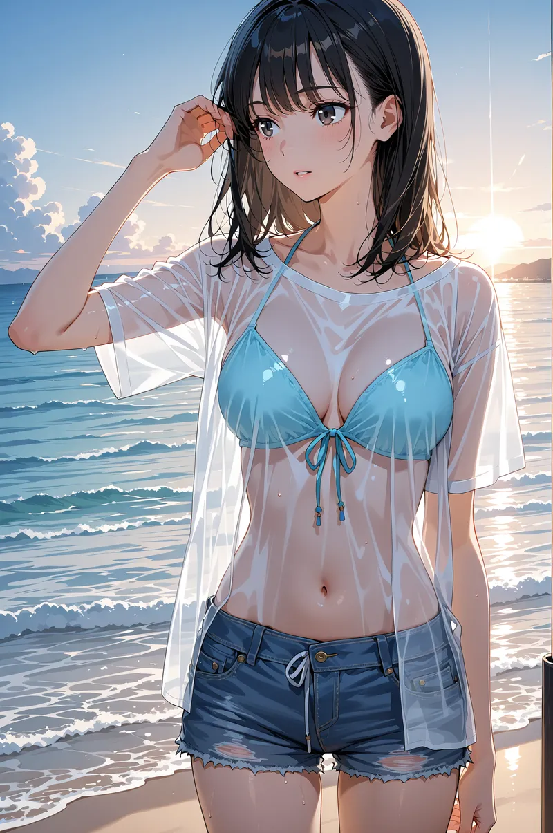 青く澄んだ海を背景に、白いシャツを羽織った黒髪の少女が髪に手をかけて微笑んでいます。夕日が水面に反射する爽やかな浜辺の情景を捉えたアニメ調イラスト。