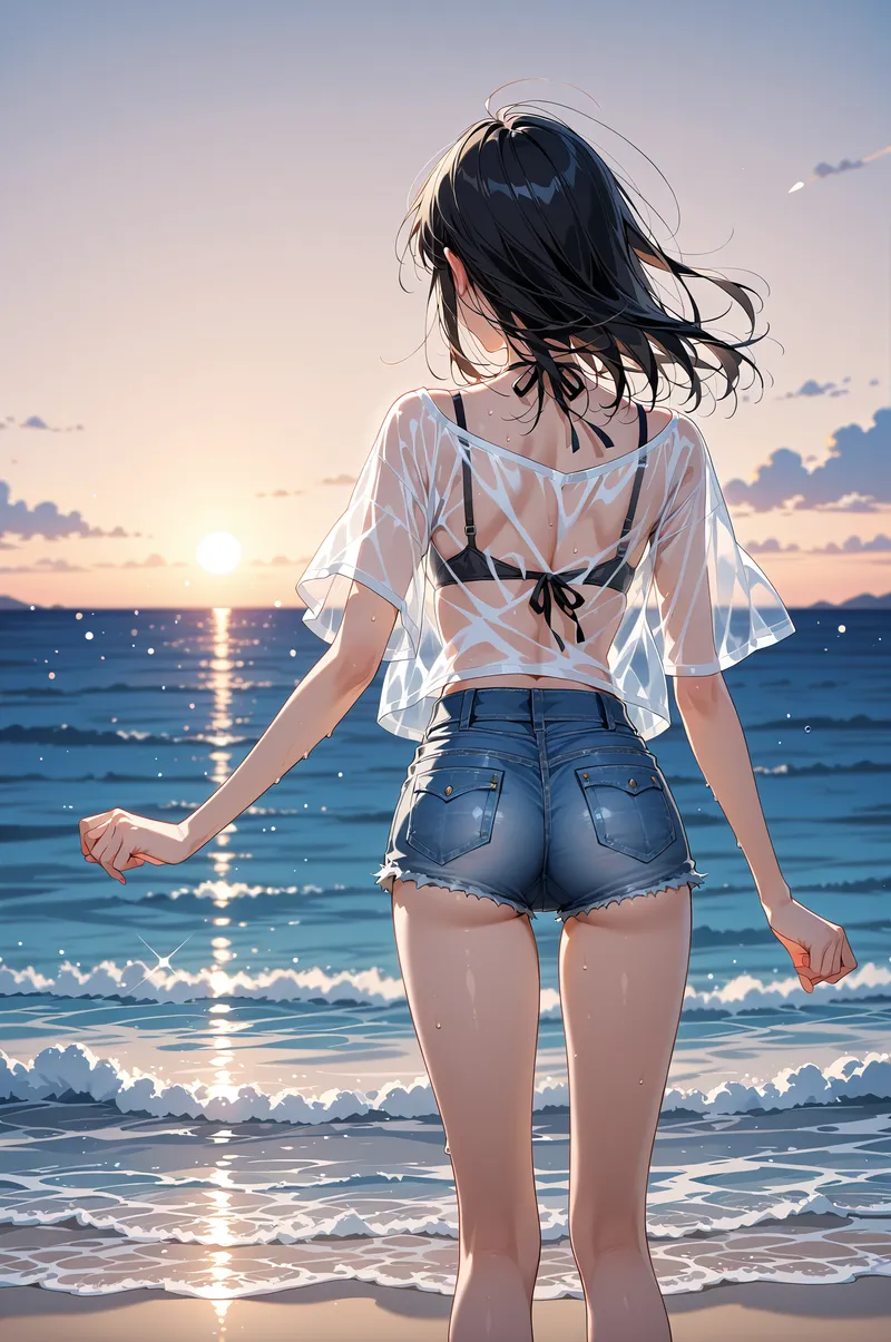 黒髪が風になびく中、夕日に染まる海を背景に佇む美少女のイラストです。白いシャツと青いショートパンツの爽やかな装いで、輝く波打ち際の情景が印象的に描かれています。