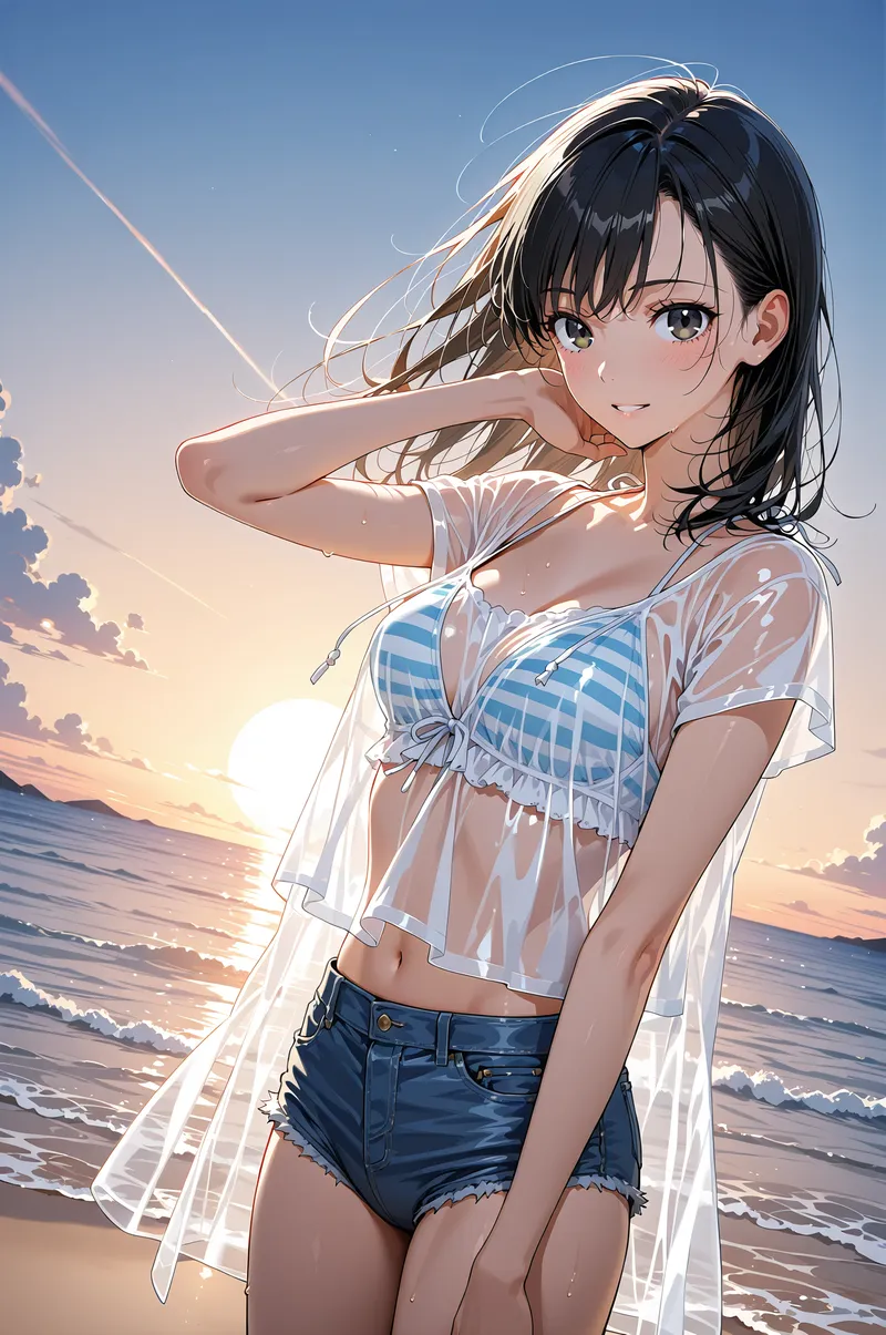 金色に染まる海辺で、白いシャツと青いショートパンツを纏った黒髪の少女が清々しい笑顔を浮かべています。夕日の光が柔らかく肌を照らし、風になびく髪が優雅な雰囲気を演出するアニメ調イラストです。