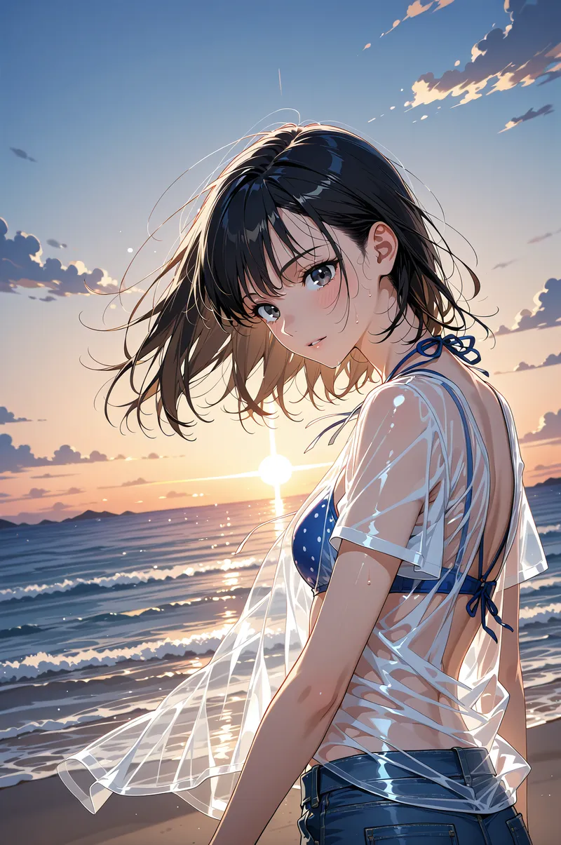 夕焼けに染まる海辺で、黒髪をなびかせた美少女がこちらを見つめています。白いシャツと紺色のトップスが爽やかで、金色に輝く波打ち際と青い空が印象的な夏のアニメ調イラストです。