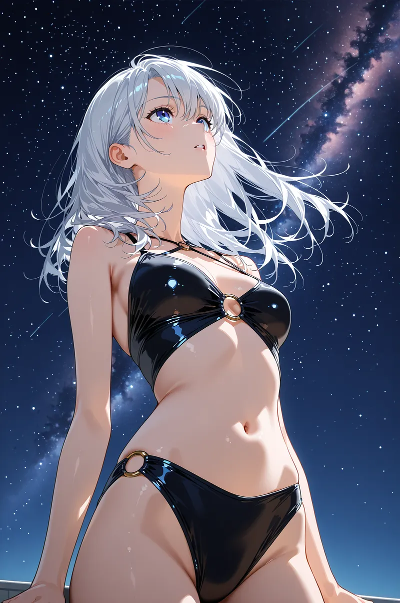 銀河を背景に夜空を見上げる、白く流れるような長髪の美少女を描いたアニメ調イラストです。きらめく星々と流れ星が映える、幻想的で穏やかな表情の作品。