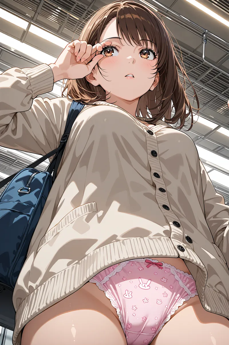 ベージュのシャツにネイビーのバッグを背負った美少女が、駅の天井照明の下で振り返る瞬間を捉えたアニメ調イラストです。柔らかな光と影が印象的で、自然な笑顔と流れるような髪の毛が魅力的です。