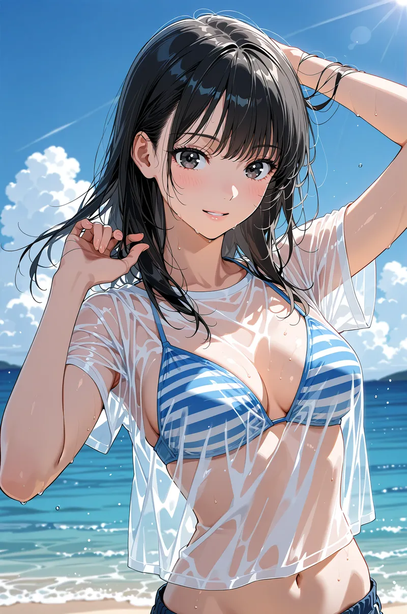 黒髪に前髪の美少女が、青い空と海を背景に爽やかな笑顔を浮かべるアニメ調イラスト。白いシャツを羽織った姿で、夏の日差しの中で髪をかき上げる自然なポーズが印象的です。