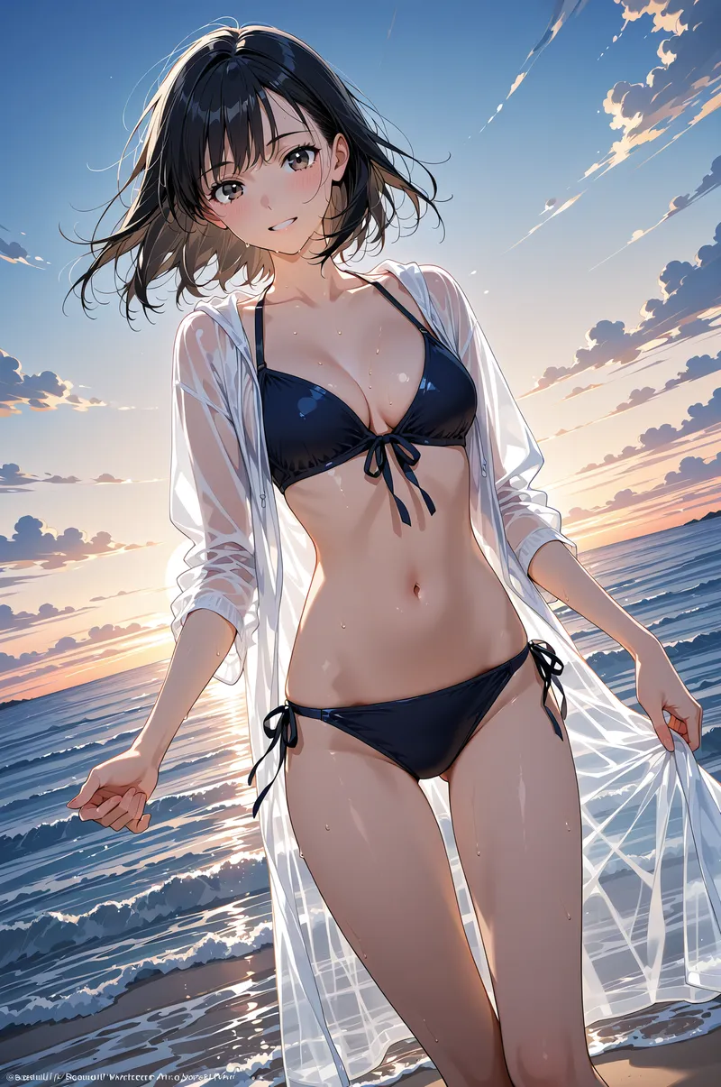 黒髪のショートヘアに、白いシャツを羽織った美少女がビーチに佇む。夕焼けに染まった海と空を背景に、爽やかな表情で海風に吹かれる様子を捉えたアニメ調イラストです。