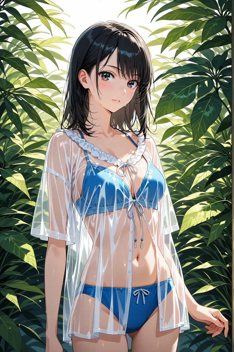黒髪ショートの美少女がみずみずしい観葉植物に囲まれた空間で、優しい表情を見せるアニメ調イラストです。白いシアー素材のアウターが透明感を引き出し、爽やかな夏の雰囲気を演出しています。