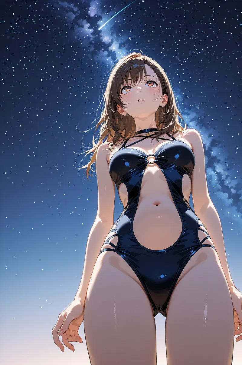 深紺色の夜空と流星が美しく輝く背景で、上を見つめるアニメ調の美少女。柔らかな照明に包まれた顔立ちと、黒い装いが星々の光を受けて引き立つ、幻想的な一枚です。
