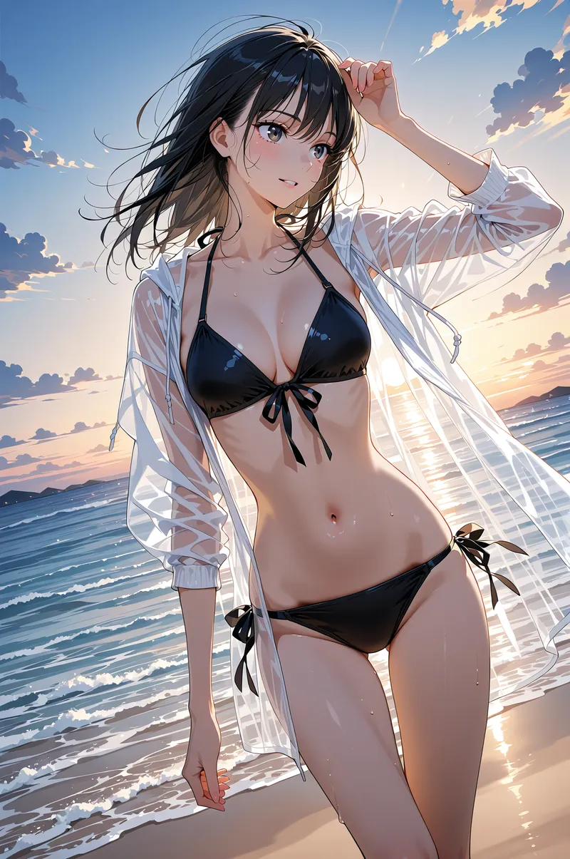 透き通るような白いシャツを羽織った少女が、夏の海辺で青い空を背景に微笑んでいます。波打つ浜辺の光と影が優雅なアニメ調イラストです。