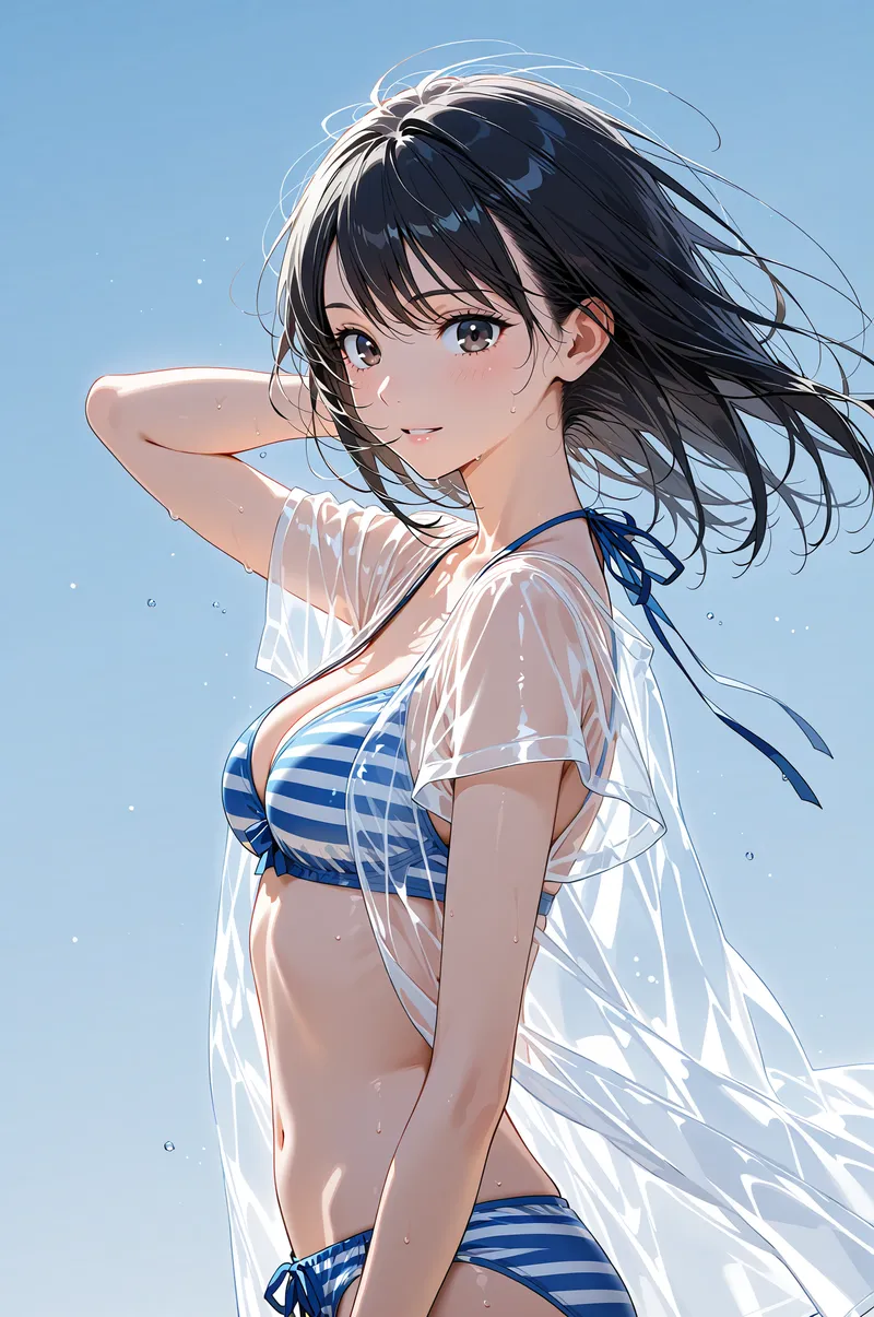 青い空を背景に、黒髪をなびかせながら微笑む美少女のアニメ調イラスト。白いシアーな羽織とボーダー柄の水着姿で、風に揺れる髪と爽やかな表情が夏の開放感を表現しています。