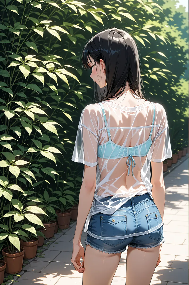 生い茂る観葉植物に囲まれた屋外で、後ろ姿を見せる少女のイラスト。白いシアー素材のトップスとデニムショートパンツで夏らしくまとめた、爽やかな雰囲気の一枚です。