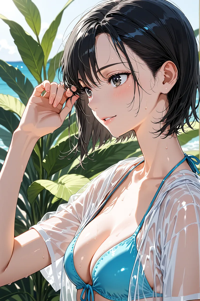青い空と海を背景に、南国の植物に囲まれた女性を描いたアニメ調イラストです。黒髪を優しく流し、爽やかな笑顔で髪をすっと整える仕草が印象的で、透明感のある肌と柔らかな色彩で夏の開放感が伝わります。
