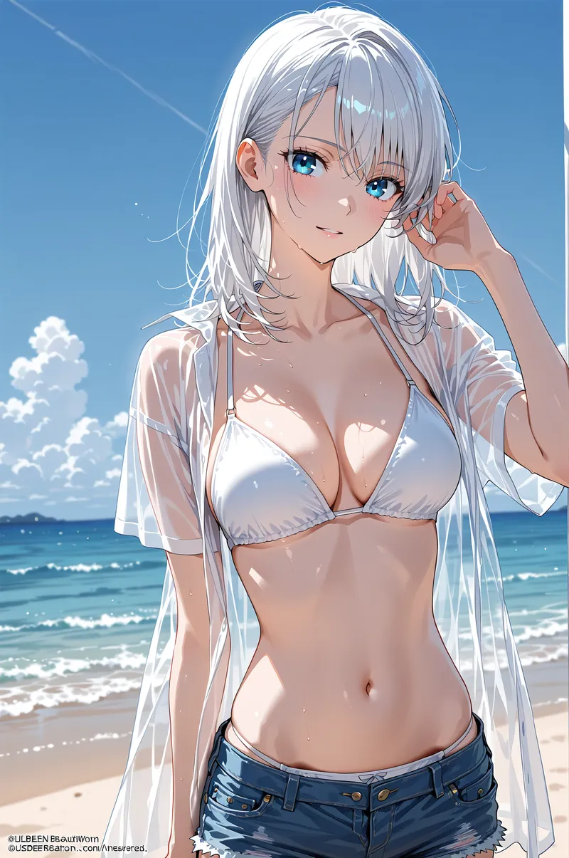 透明感のある白髪と澄んだ青い瞳が印象的なアニメ調の少女が、晴れた海辺に佇む風景です。白いシャツと紺のボトムスを身に着け、爽やかな表情で手髪を撫でる姿が、真夏の癒しの世界観を演出しています。