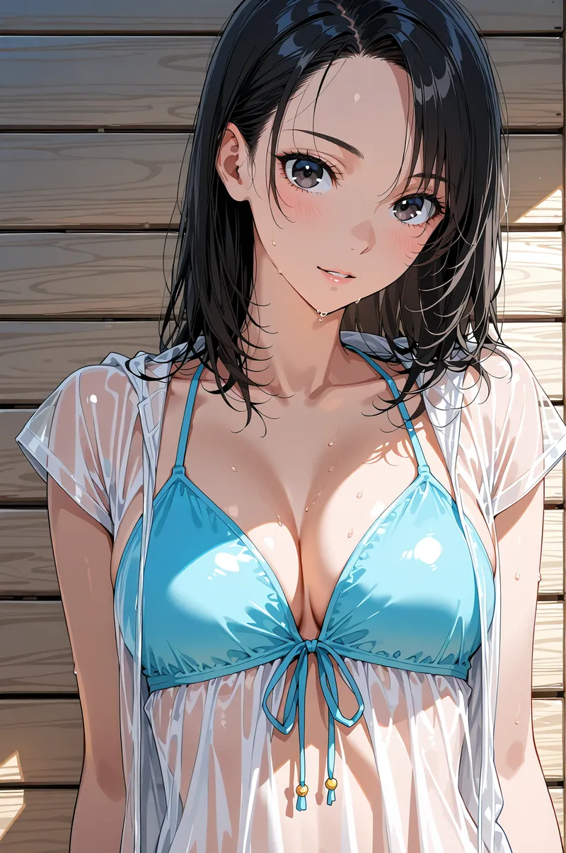 黒くまとまった長い髪と澄んだ瞳が印象的な美少女の上半身イラストです。白いシアーシャツと青いビスチェの組み合わせが爽やかで、木製の背景に差し込む光が柔らかく描かれています。