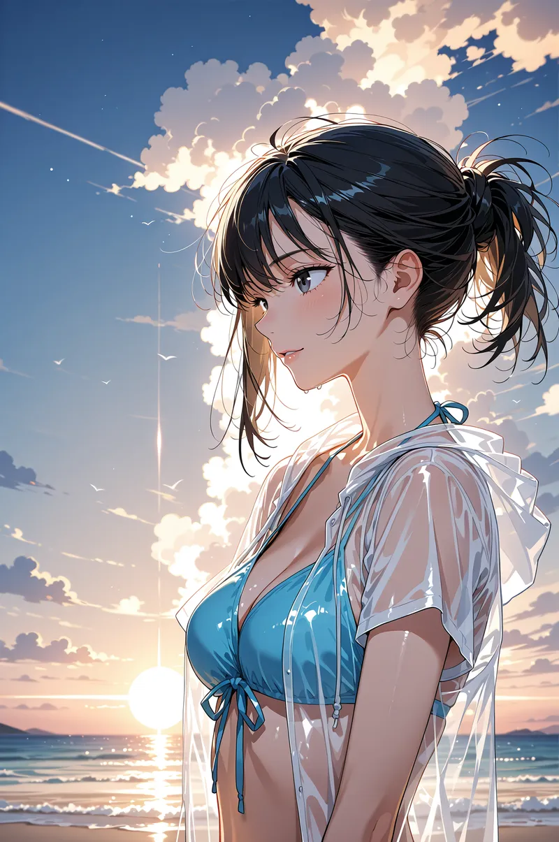 黒髪をツインテールにまとめた少女が、透け感のある白いシャツを羽織り、海辺に立つ姿を描いたアニメ調イラストです。夕焼けに輝く海と積もった雲が背景に広がり、爽やかで幻想的な雰囲気を醸し出しています。