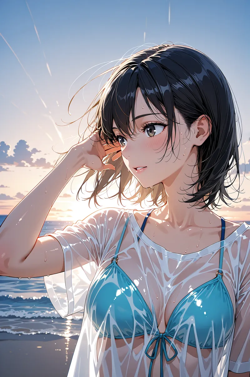 黒髪が光に透ける美少女が、海を背景に優しい表情を浮かべています。白いシャツと青いビキニトップを纏い、手を髪に添えた自然なポーズが、夕焼けの空と波の輝きに映える瞬間を捉えた清涼感あふれるアニメ調ポートレートです。
