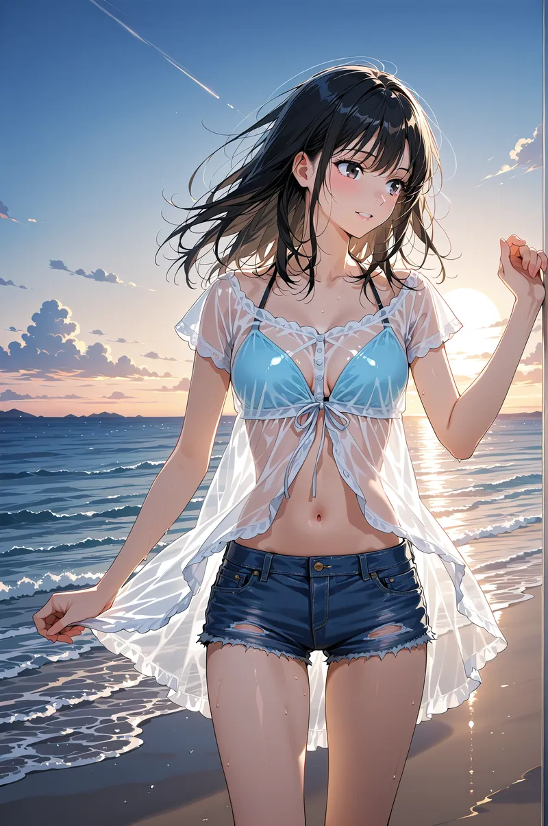 黒髪が風になびく美少女が、夕焼けの海辺に佇む。白いシャツと青のビキニトップ、ダメージ加工のショートパンツという夏らしい装いで、穏やかな表情で景色を眺めています。黄金色に染まった空と波が背景の、開放感あふれるアニメ調イラストです。
